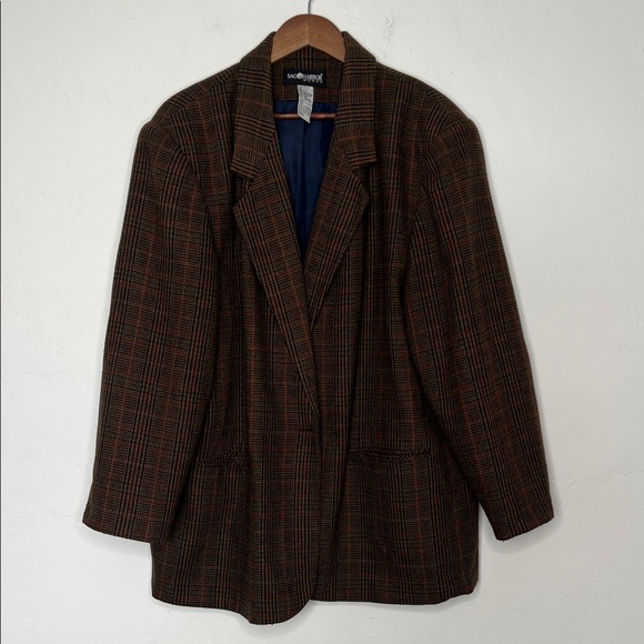 Vintage Sag Harbor Woman 22W Blazer Brown Plaid Wool Blend Academia Oversized - Picture 1 of 5